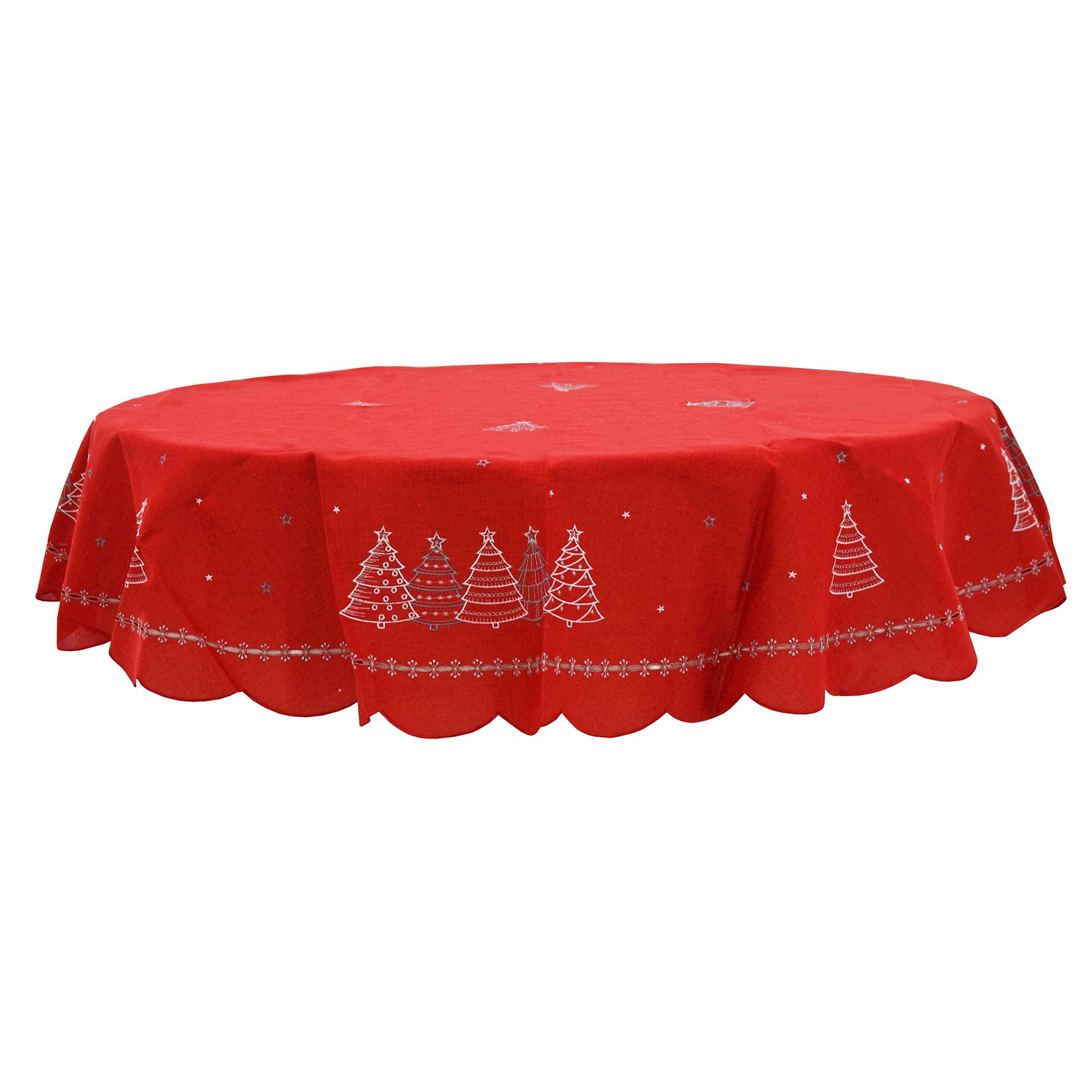Mr Crimbo Red Christmas Tablecloth Napkins Silver Tree Stars - MrCrimbo.co.uk -XS6570 - 70" Round -christmas napkins